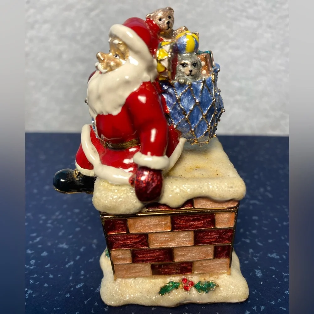 Kubla Crafts Bejeweled Enamel Over Pewter Santa on Chimney Trinket Box